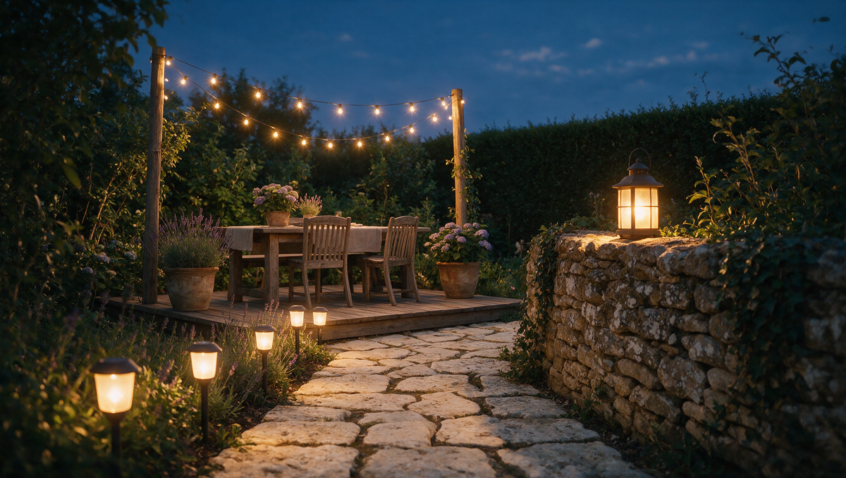 Terrasse de jardin éclairée à la tombée de la nuit par des bornes solaires, une guirlande et une lanterne
