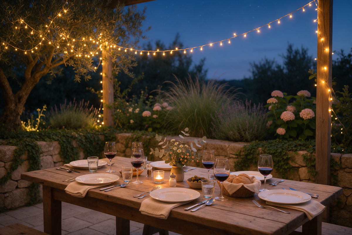 Guirlande solaire suspendue au-dessus d'une table de terrasse au crépuscule Image