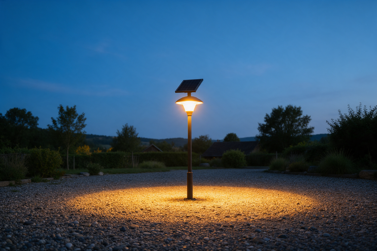 Lampadaire solaire éclairant une cour en gravier