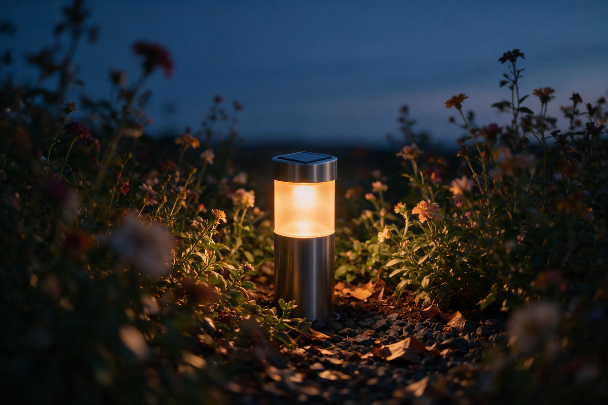 Borne solaire moderne dans un massif fleuri, diffusant une lumière chaude sur le gravier au crépuscule Image