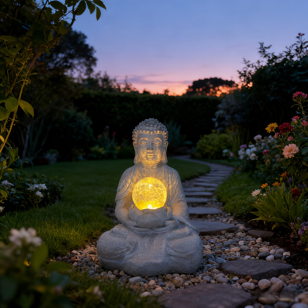 Statue solaire Bouddha à la sphère lumineuse, 25 cm