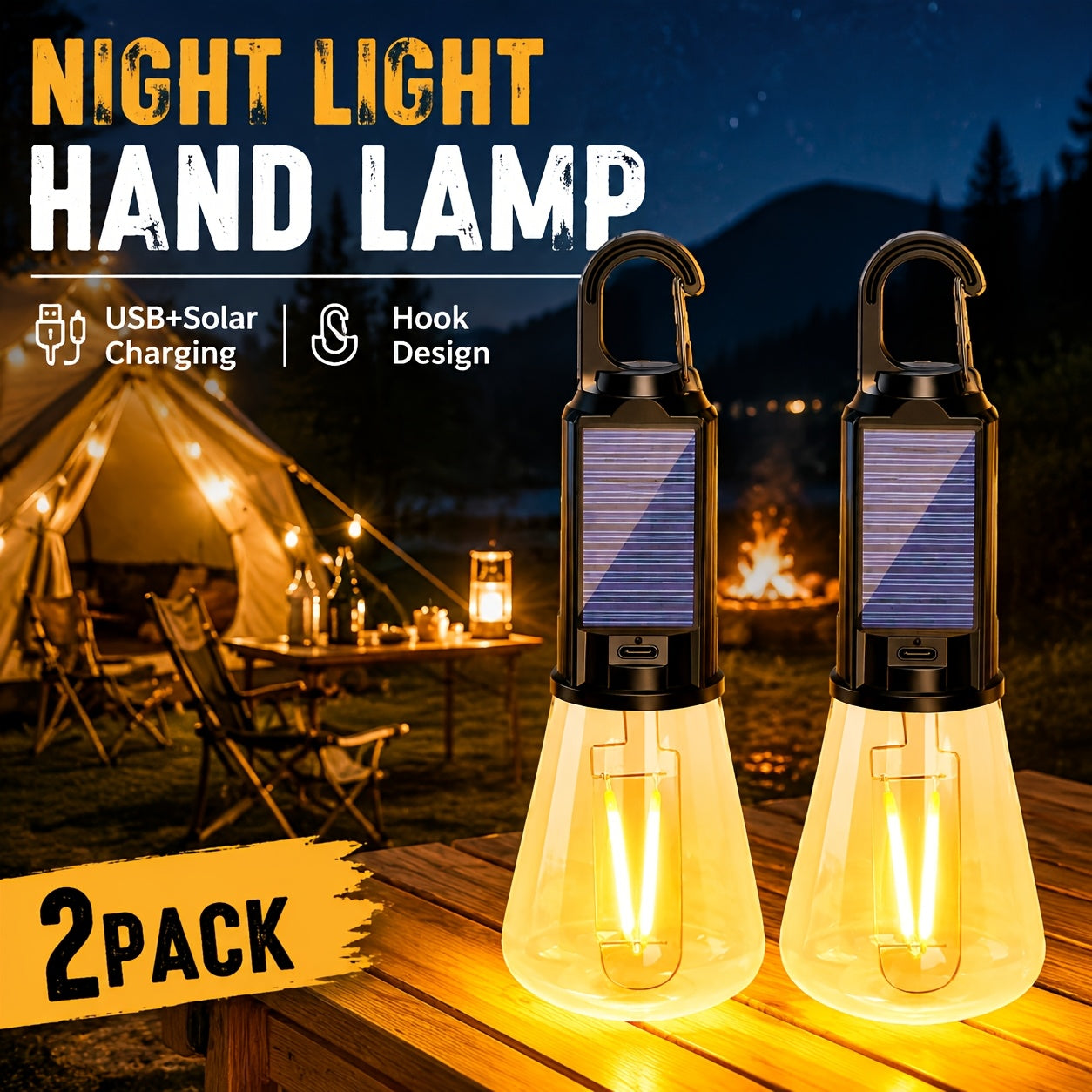 Lanternes solaires ampoule à filament, lot de 2, USB