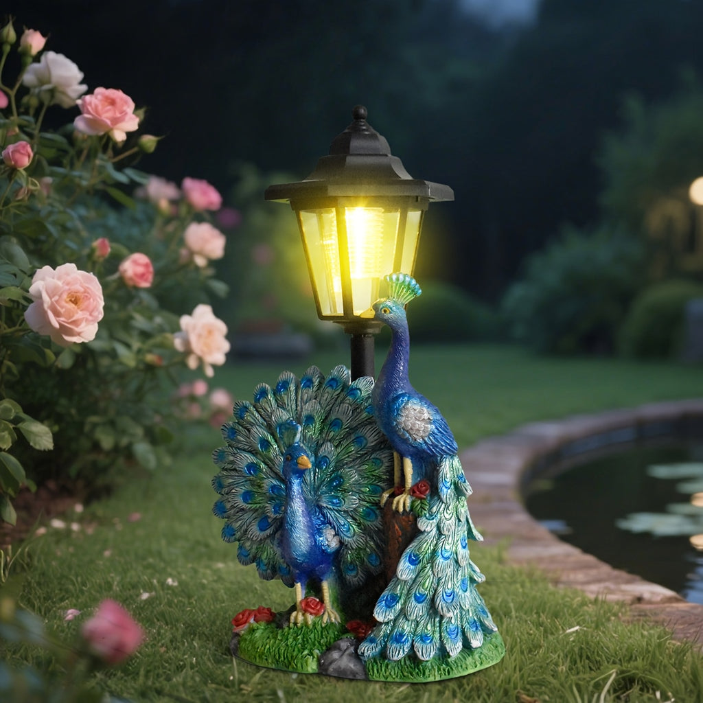 Statue solaire couple de paons et réverbère, 24 cm