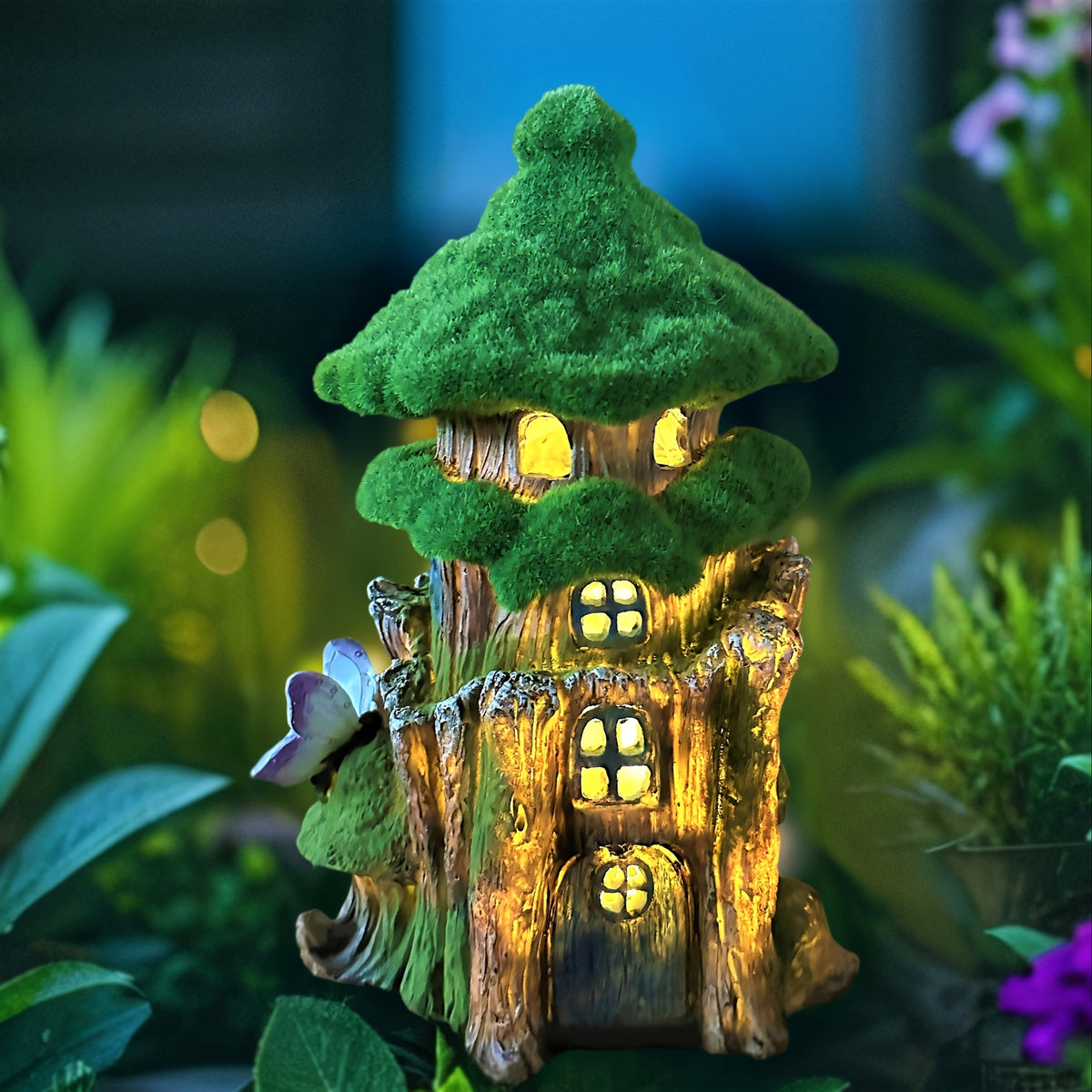 Lampe solaire maison-arbre au toit de mousse, IP44