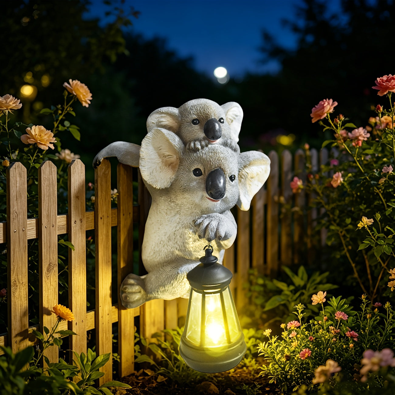 Statue solaire koala et son petit, lanterne suspendue