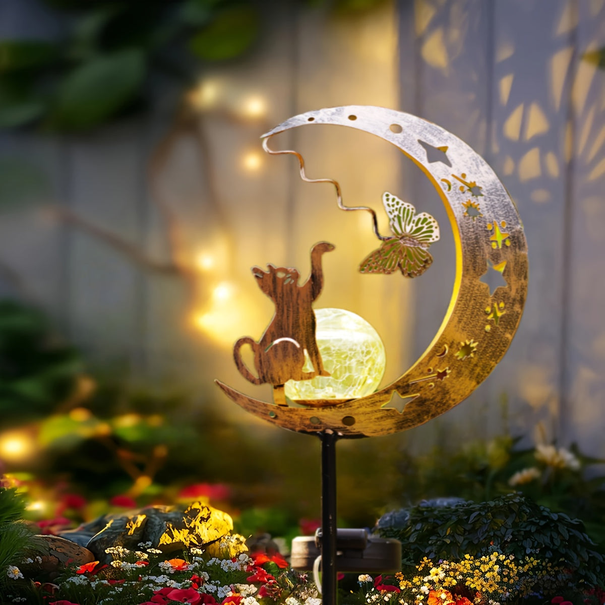 Lampe solaire décorative chat et papillon sur lune