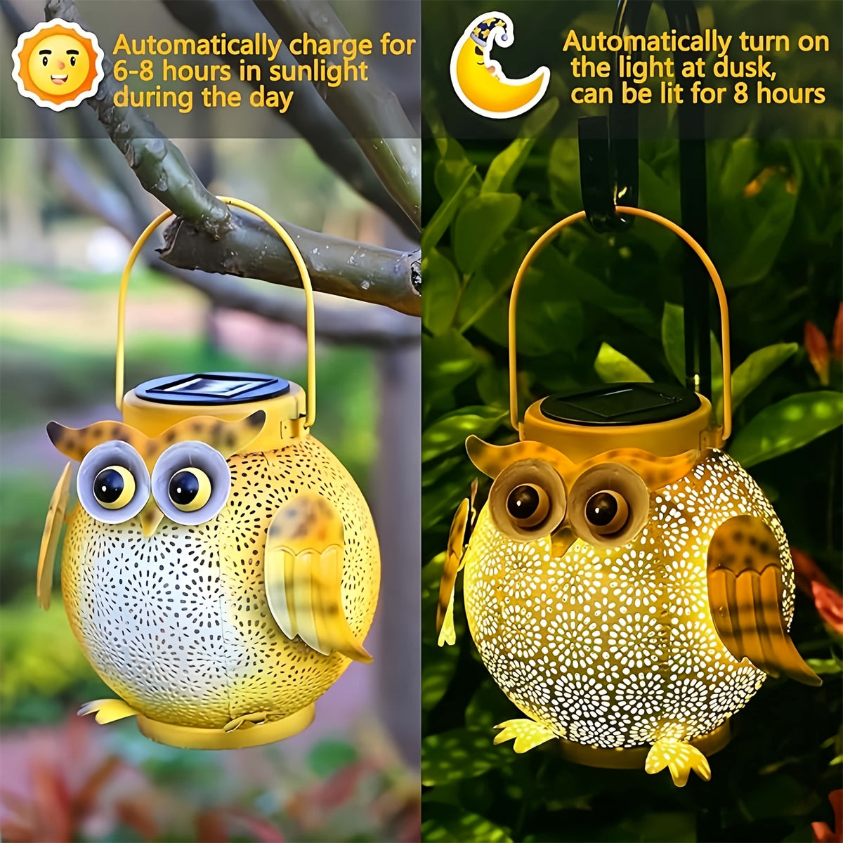 Lanterne solaire hibou ajourée, projection de motifs