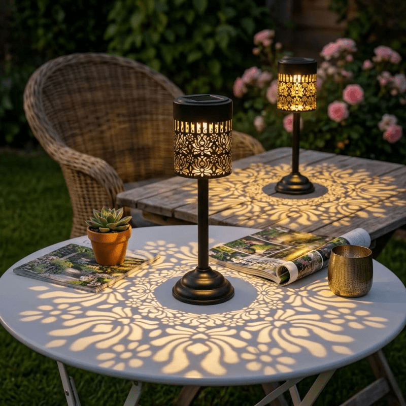 Lampe solaire à projection de motif floral, métal ajouré