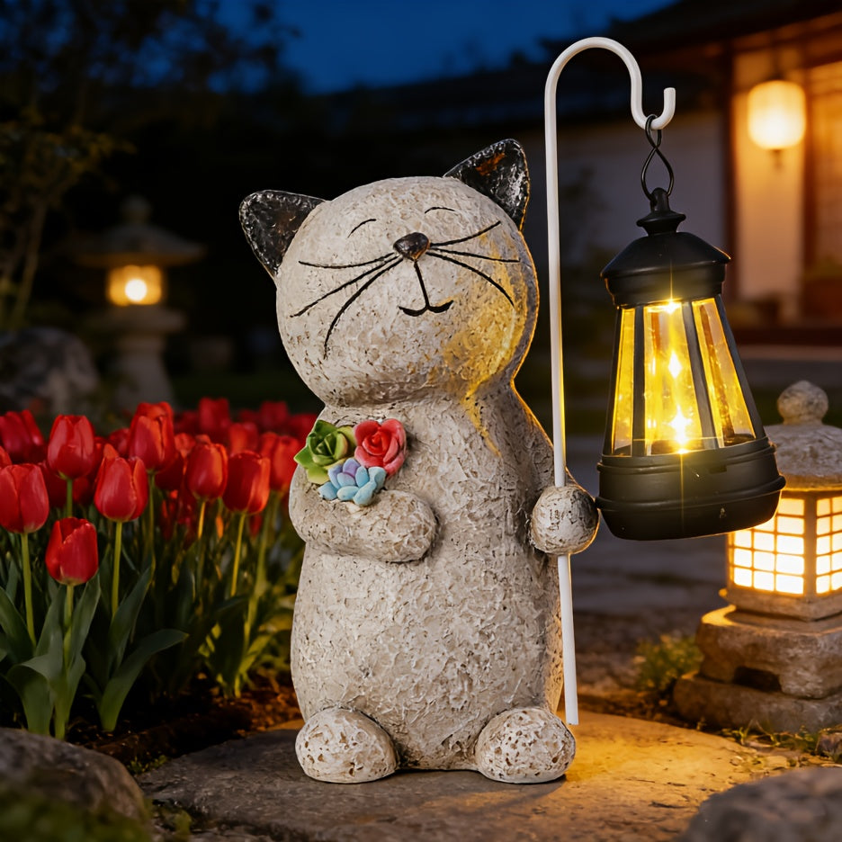 Statue solaire chat au bouquet et sa lanterne, 24 cm