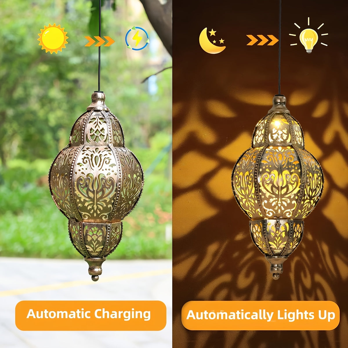 Lanterne solaire marocaine suspendue, métal ajouré