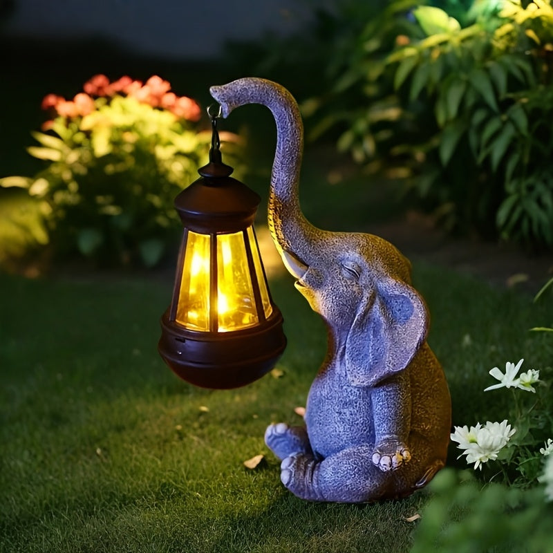 Lanterne solaire éléphant en résine, trompe levée