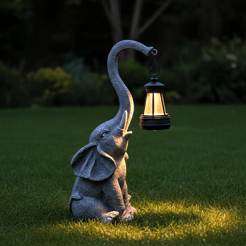 Statue solaire éléphant à la lanterne, trompe levée