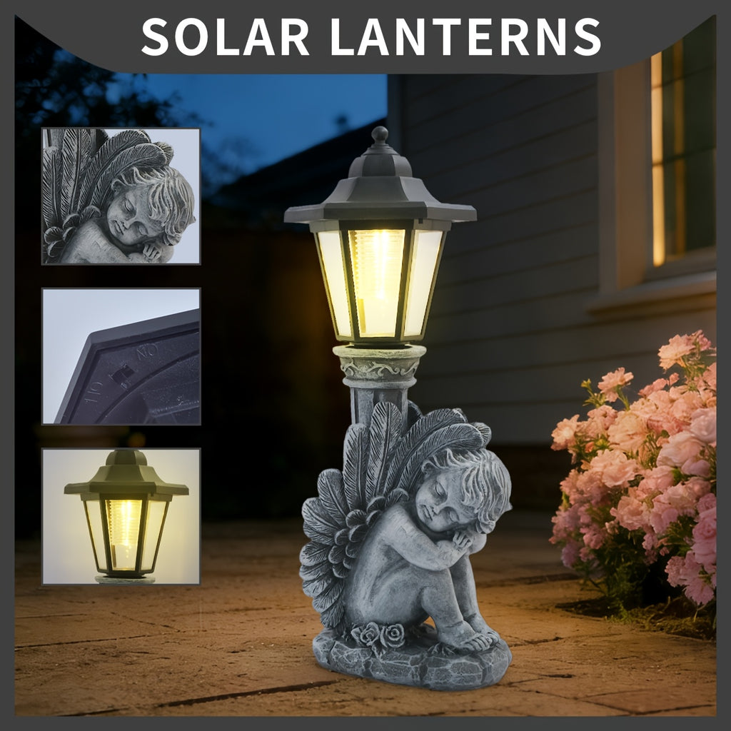 Statue solaire ange au pied du lampadaire, 36 cm