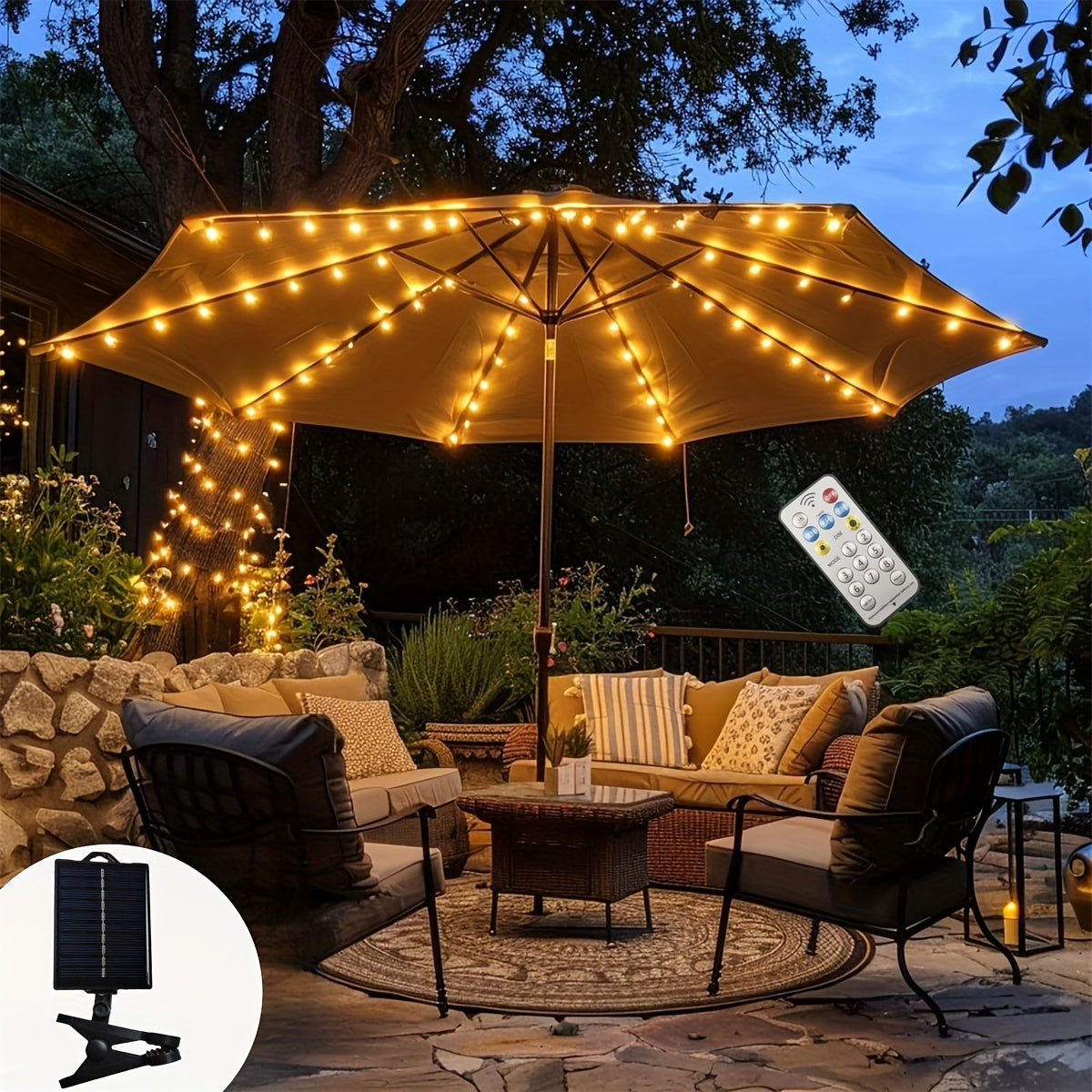 Guirlande solaire pour parasol, télécommande et minuterie