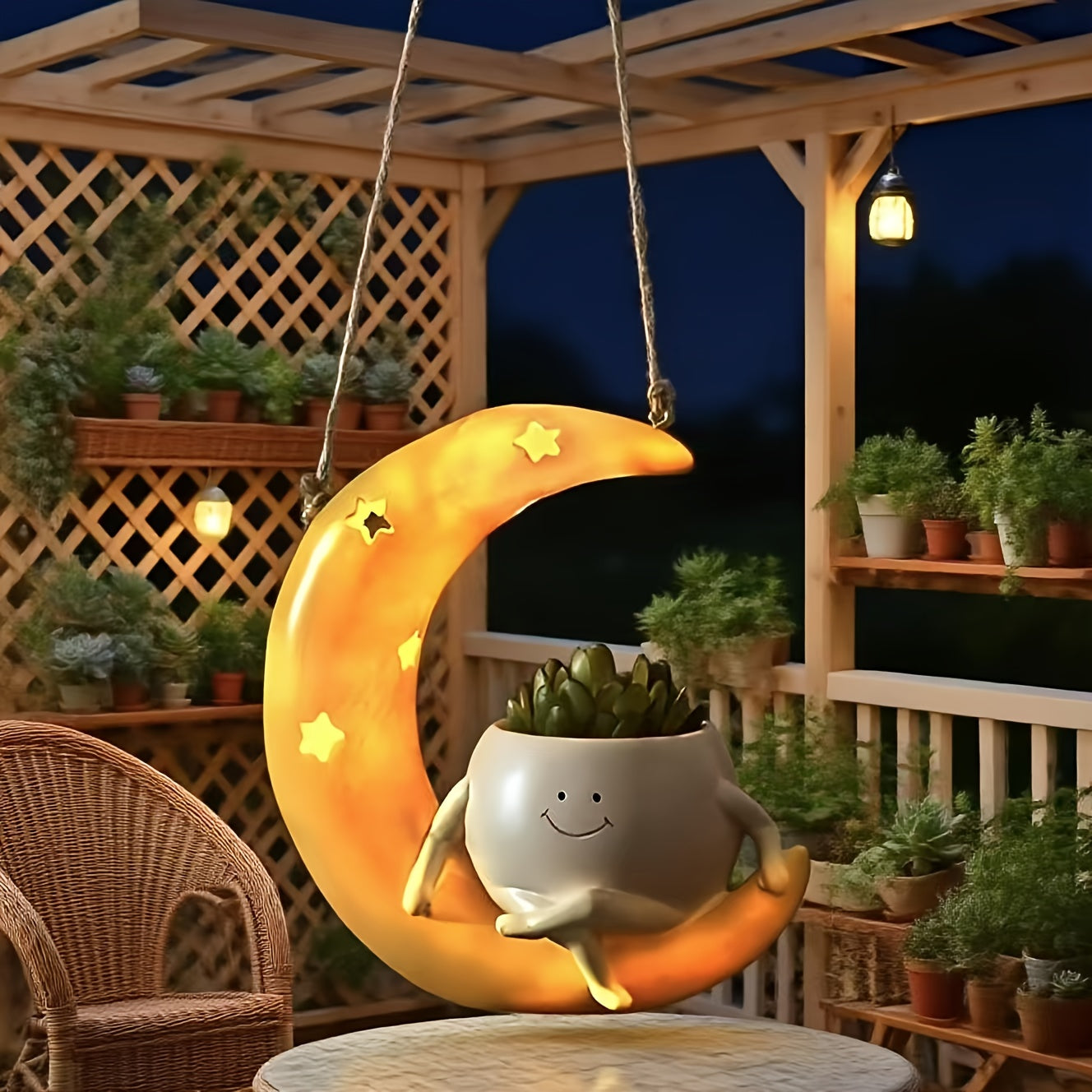 Suspension solaire lune et pot de fleur, 20 cm