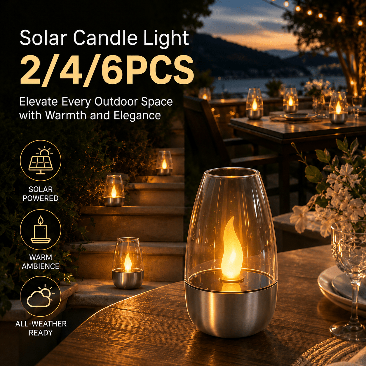 Bougies solaires à flamme, lot de 2, 4 ou 6, IP44