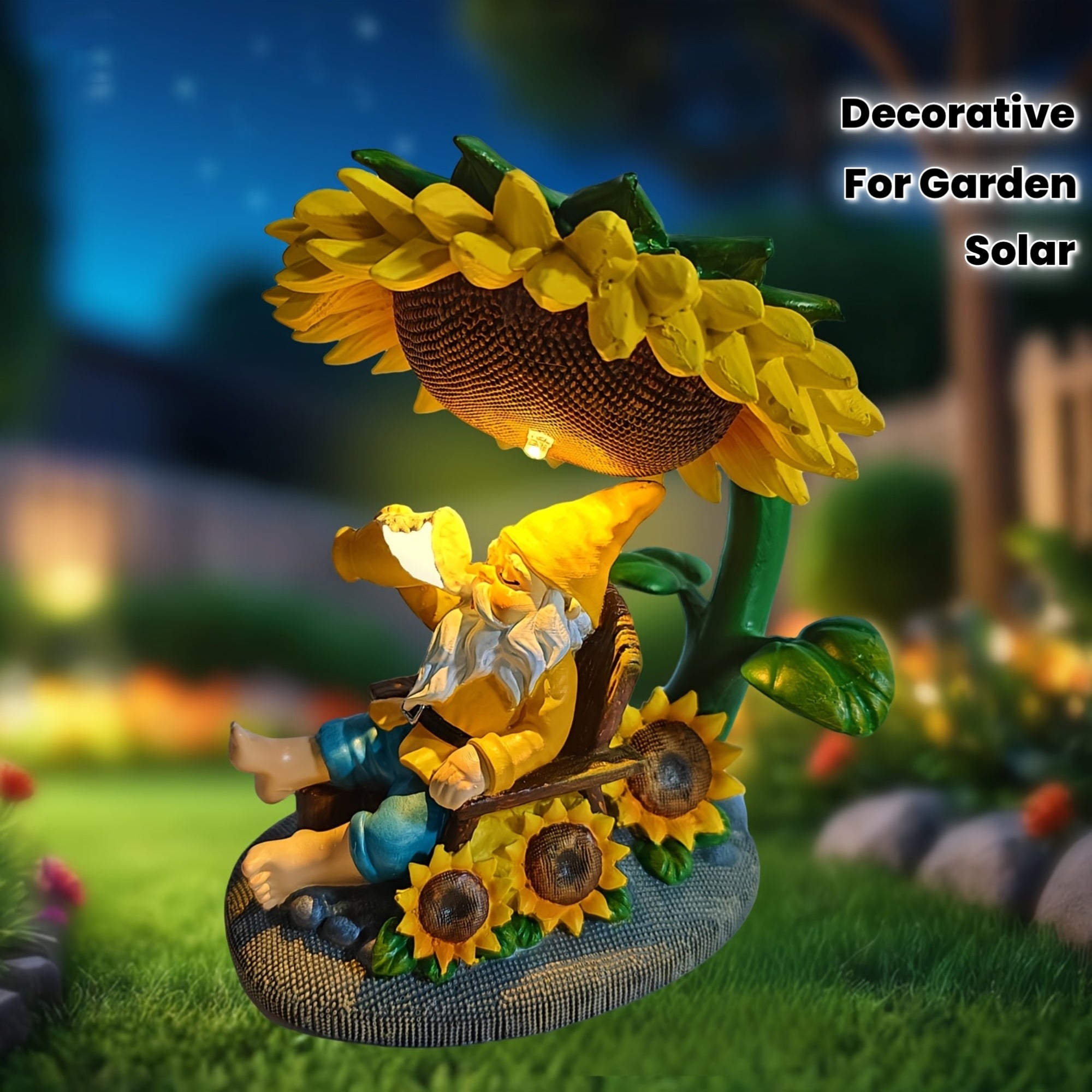 Statue solaire nain endormi sous un tournesol