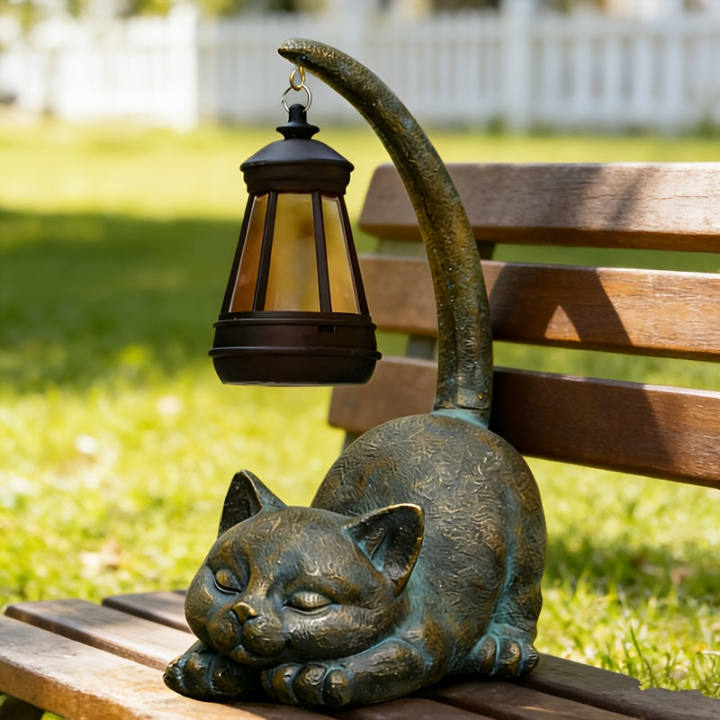 Statue solaire chat couché à la lanterne suspendue