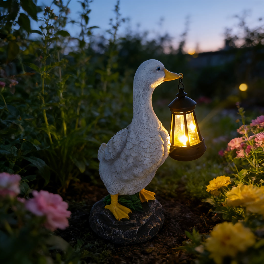Statue solaire canard à la lanterne, résine, 29 cm