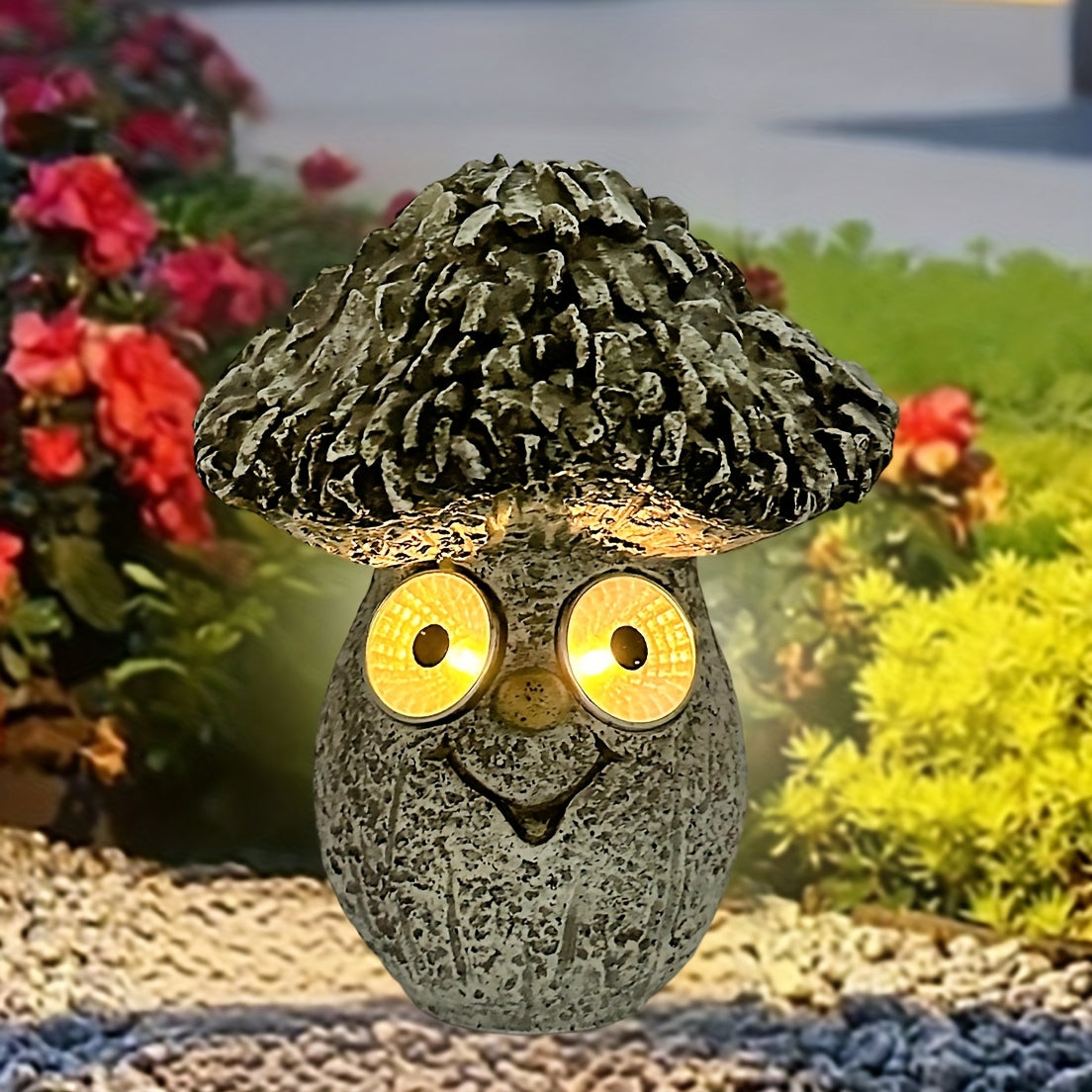 Statue solaire champignon à visage, yeux lumineux, IP44