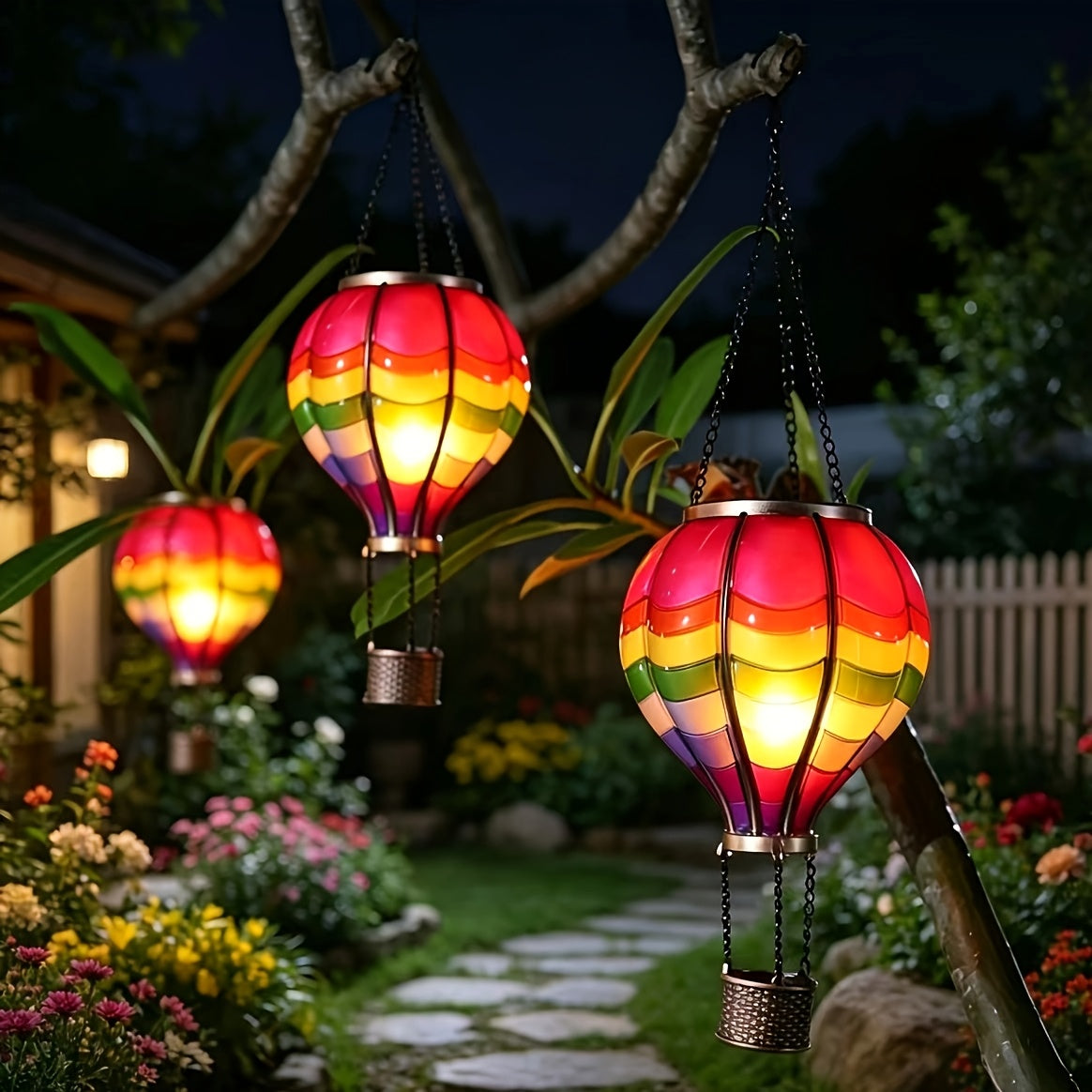 Lanterne solaire montgolfière arc-en-ciel, flamme LED